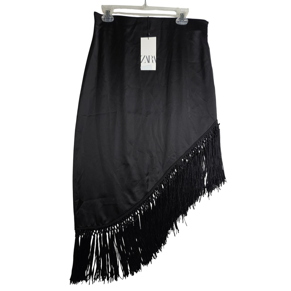 Zara Skirt NWT SzL Black Fringe Hem Asymmetrical Midi Party Cocktail Sexy Glam